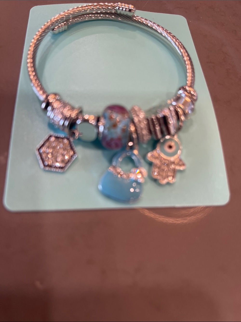 Evil eye 🧿 Silver Charm Bracelet with Turquoise Heart and Crystal Accents - Picture 3 of 5